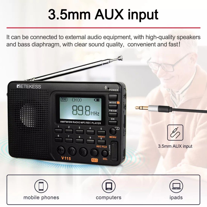 Retekess V115 FM AM SW Radio Digital Rechargeable MP3 Record