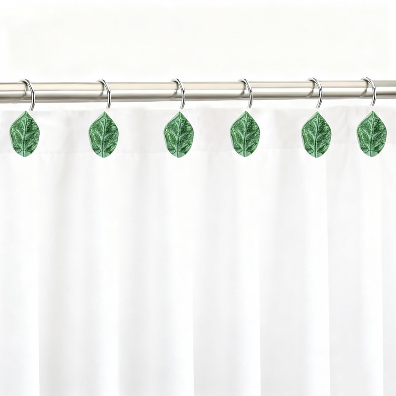 12PCS Leaves Shower Curtain Hooks, Green Plant Leaves Decorative Shower