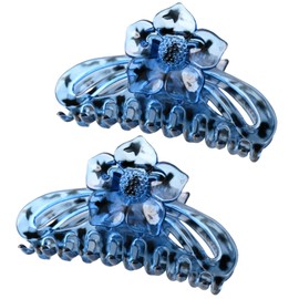 Floral Hair Claw Clips, LargeFlower Design, 2-Pack (blue with black stars)