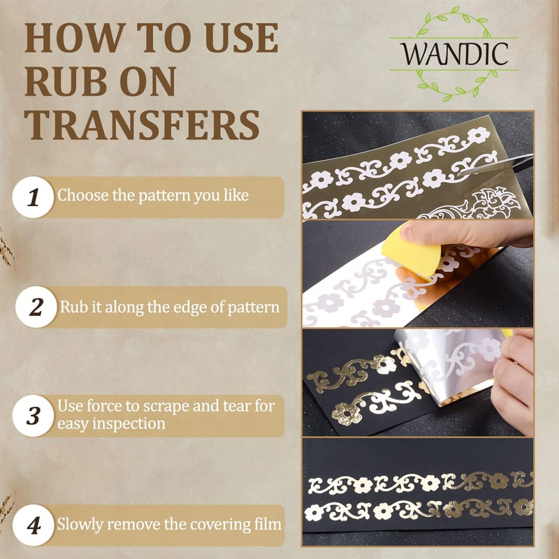 WANDIC 3 Sheets Gilding Rub On Transfer Stickers, Gold Foil