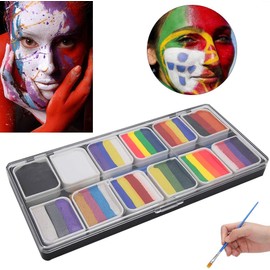 Pigmento profesional para pintura corporal facial, 12 colores, kit de pintura facial para arte corporal a base de agua, fiesta de Halloween, juego de paleta de maquillaje elegante para cosplay con 2 p