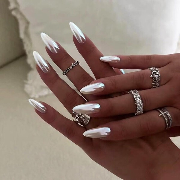 Silver Press on Nails Almond Fake Nails Medium False Nails