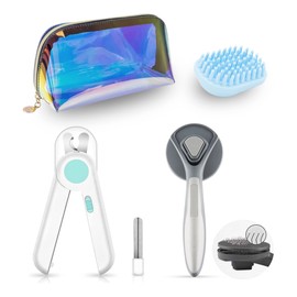 FIFIPETS 3 in 1 Pets Grooming Set, Nail Clippers with Nail File & LED Light, Self Cleaning Shedding Massage Comb, Massage Bath Brush and TPU Bag, for Medium and Small Dogs Cats (Blue)