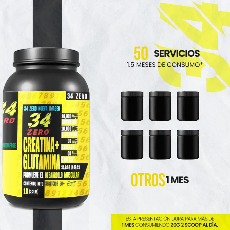 Creatina + Glutamina 34 Zero 1 Kg 50 Servicios