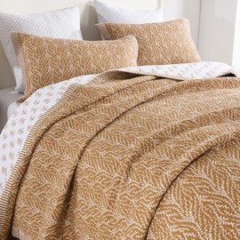 SahSahCasa Quilt Set Queen Size, 100% Cotton Quilt Bedding Set Bedspread, Botanical Pattern Solid Color Chic Lightweight Quilted Comforter for Queen Bed, White/Orange, All Season, 3 Pieces