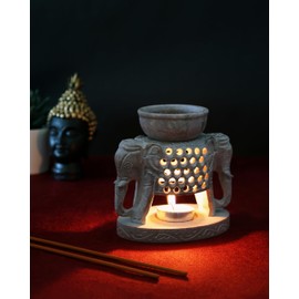Hand Carved Elephant Soapstone Essential Oil Burner Warmer Diffuser with Tea Light Holder Aromatherapy | Aroma Diffuser for Spa, Yoga, Meditation | Soapstone Fragrance Oil Warmer Diffuser