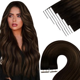 YoungSee Tape in Hair Extensions Balayage Brown with Dark Brown Tape Extensions Human Hair 16Inch Ombre Brown Tape Hair Extensions Real Human Hair 50g 20pcs Seamless Tape in Hair Extensions Human Hair