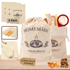 Linen Bread Bags for Homemade Bread – 3 Pack with Bonus Linen Tea Towel for Proofing | Reusable, Eco-Friendly Sourdough Bags with Moisture-Locking Lining | Perfect for Sourdough, Baguettes & More