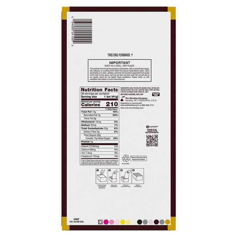 Hershey's Milk Chocolate with Whole Almonds Candy Bar, 1.45 oz.,