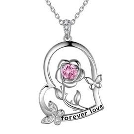 Jewmon Rose Flower Heart Pendant Necklace for Women Butterfly Necklace 925 Sterling Silver October Birthstone Necklace Pink Zirconia Butterfly Necklace Elegant Rose Jewelry Gifts for Her FP0252O