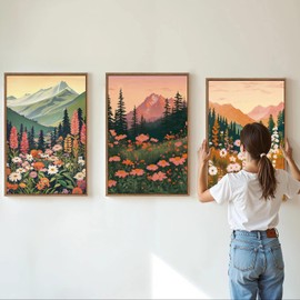 Tinonedraw Large Boho Mountain Framed Canvas Wall Art Set of 3, Colorful Wildflower Daisy Flowers Wall Decor, Bohemian Floral Forest Scenery Artwork, Modern Nature Landscape Art Prints for Bedroom Living Room Office 16"x24"