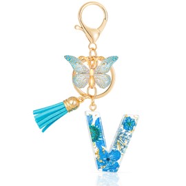 MWOOT Initial Letter V Keychain Resin Alphabet Keyrings,Blue Petals Gold Foil Key Ring Charm with Butterfly Tassel Pendant,Kawaii Key Chain for Womens Gift Ideas Wallet Purse Bag Handbag Decor (V)