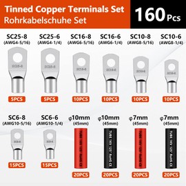 LURICO 160 Piece Tube Cable Lugs Set, Cable Lugs Set M6/M8 Ring Terminals 6/10/16/25 mm² Tinned Crimp Connector, Ring Terminals for Car, 80 Ring Terminals Set + 80 Heat Shrink Tubing