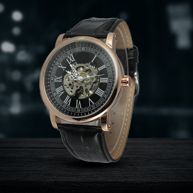 FORSINING Men Automatic Mechanical Waterproof Watch Wristwatch (Black Rose Gold)