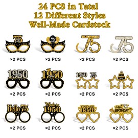 Turypaty 24Pcs 1950 75th Birthday Paper Glasses Decorations for Men Women - Black Gold Happy 75th Birthday Paper Eyeglasses Photo Props, Vintage 1950 Seventy-Five Years Old Birthday Party Supplies