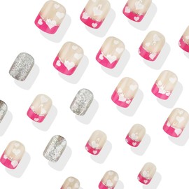 24Pcs Valentines Press on Nails French Tip Short Square Fake Nails with Heart False Nails Rose Pink Nail Tips Acrylic Nails Silver Glitter Valentines Glue on Nails for Women DIY Manicure Design