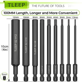 TLEEP 10 x Long 100MM 1/4 Inch Hex Head Allen Wrench Drill Bits, Big 12mm to Small 1.5mm, Metric, S2 Steel Magnetic Tips Screwdriver Socket Bit Set for Ikea Type Furniture, Black