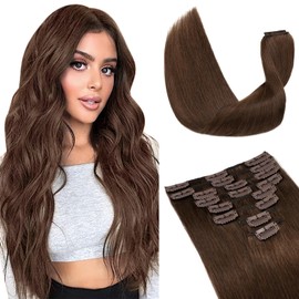 S-noilite 10 Inch Clip in Hair Extensions 100% Human Hair 8Pcs 18Clips Normal Weft Full Head Clip in Hair Extensions for Women Silky Straight Medium Brown Real Hair Extension(50g,#04 Medium Brown)