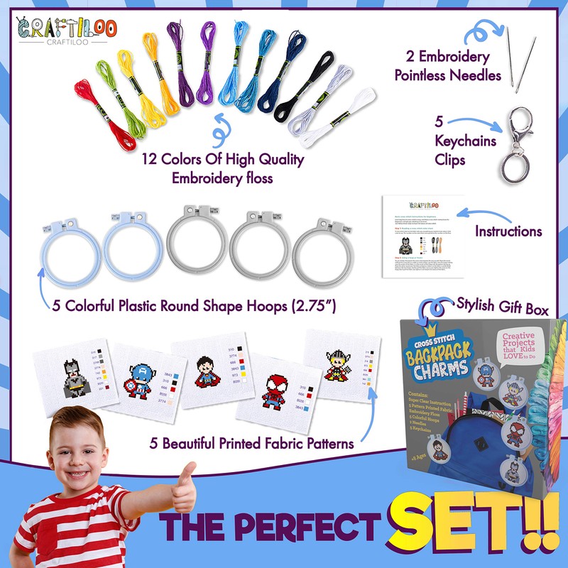 5 Stamped Superhero Cross Stitch Beginner Projects for Kids Needlepoint