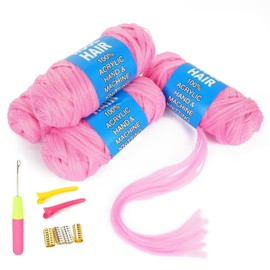 YoungtherPink Brazilian Wool Hair Yarn for Braids 4 PCS 100% Brazilian Wool Hair Acrylic Yarn for African Braids/Spring Twist/Faux Locs/Wraps with Crochet Hook Hair Extensions(4 Roll, pink)