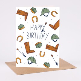 Horse Riding Theme Birthday Card - Cute Illustrations of Equestrian Essentials 'Happy Birthday' - Cute Birthday For Her For Him