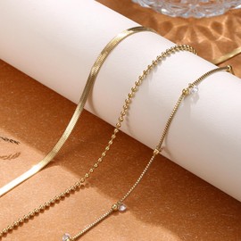 Kakonia Herringbone Necklace for Women,Dainty Gold Necklace,Gold Chain Choker Necklaces,Simple Gold Layered Necklaces,3Pcs/Herringbone & Bead & CZ