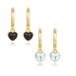Yulovee 9ct Gold Filled Dangle Hoop Earrings for Women Heart Drop Dangling Women Earrings with Black/Moonstone for Girls.