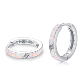 ZIPPICE Opal Earrings Women's 925 Sterling Silver Hoop Earrings Opal Hoop Earrings Small Silver Earrings Zircon Earrings Opal Jewellery Gifts for Women Wife Girls 15 mm, Sterling Silver