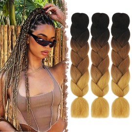 FESHFEN Braiding Hair Extensions, 3 Pieces, Colourful Jumbo Braids, Kanekalon Synthetic Hair, Braid Box, Crochet Braids, Hair Extension for Women, Black/Brown/Blonde, 60 cm