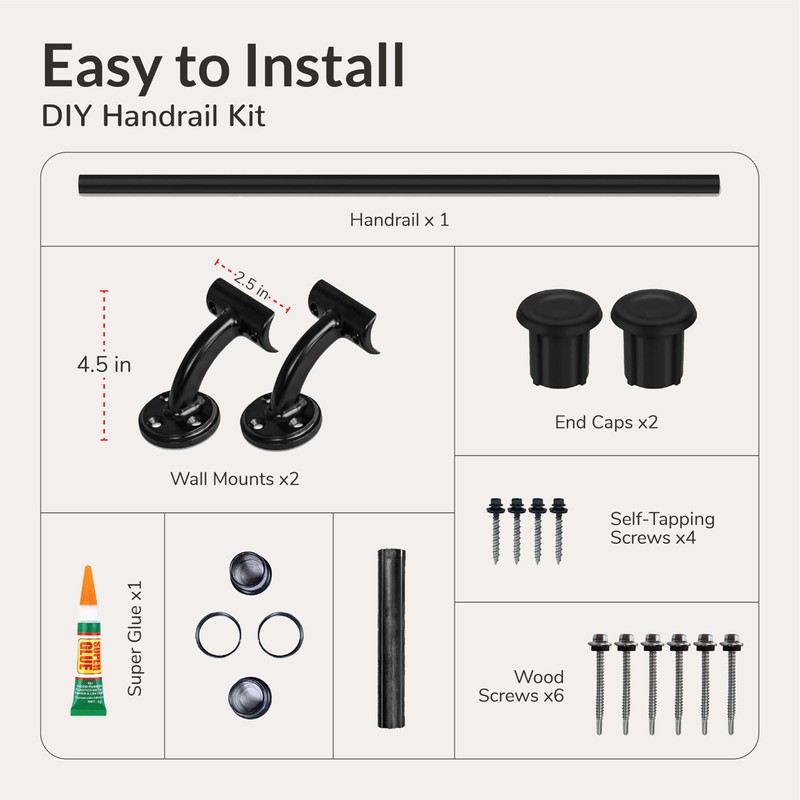 Hand Rails for Outdoor Steps – 4FT Black (Aluminum), Outdoor