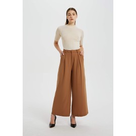 Tronjori Women High Waist Casual Wide Leg Long Palazzo Pants Trousers Regular Size(M,Brown Short)