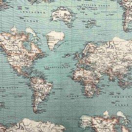 Kt KILOtela - Canvas Decorative Fabric, Home Accessories, Tablecloths, Cushions, Curtains, Bags, Pieces: 100 cm Length x 280 cm Width, World Map Mundi, Blue - 1 Metre