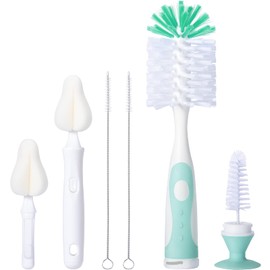 CAREBABYMORE Baby Bottle Brush Set with Nipple Cleaner and Suction, 10.2" Cleaning Brush and 6.5" Sponge Bottle Brush with A Replacement Brush Head and Two 6.7" Straw Brushes, Pack of 5 (Green)