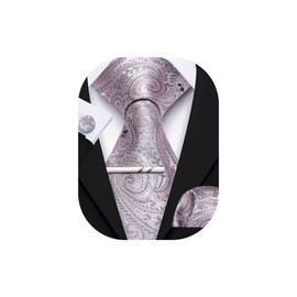 YOHOWA Grey Pink Tie for Men with Tie Clip Paisley Silk Necktie Pocket Square Cufflinks Set Formal Wedding Party Business