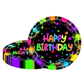 MORAINJAY 16Pcs Neon Birthday Paper Plates for Kids,9inch/23cm Happy Birthday Party Plates,Glow in The Dark Decoration,Glow Party Supplies