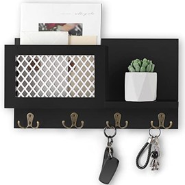 Key and Mail Holder for Wall Decorative - Rustic Mail Organizer Wall Mount, Wooden Letter Sorter Organizer with 4 Key Rack Hooks for Hallway Kitchen Farmhouse Decor (16.5â x 9.1â x 3.4â) (Black)