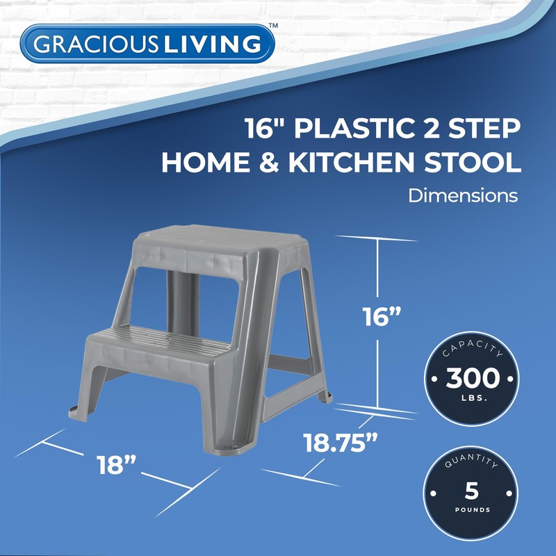Gracious Living 2-Step Stool, Portable Plastic Stepping Stool for Dorm,