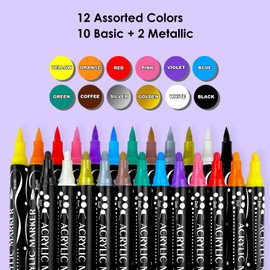 TIIKKASI Acrylic Paint Pens Set, 12 Colors Dual Tip, Permanent Poster Markers - 5mm Medium Dot Tip & Brush Tip - for Coloring, Fabric, Canvas, Rock, Glass, Wood, Paper, DIY Crafts, Art Supplies
