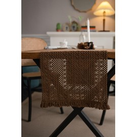 Huierxun Macrame Hollow Table Runners with Tassels Farmhouse Cotton Linen Hand Woven Table Runner for Boho Dining Bedroom Decor Rustic Bridal Shower (Khaki,12" Wx79 L)