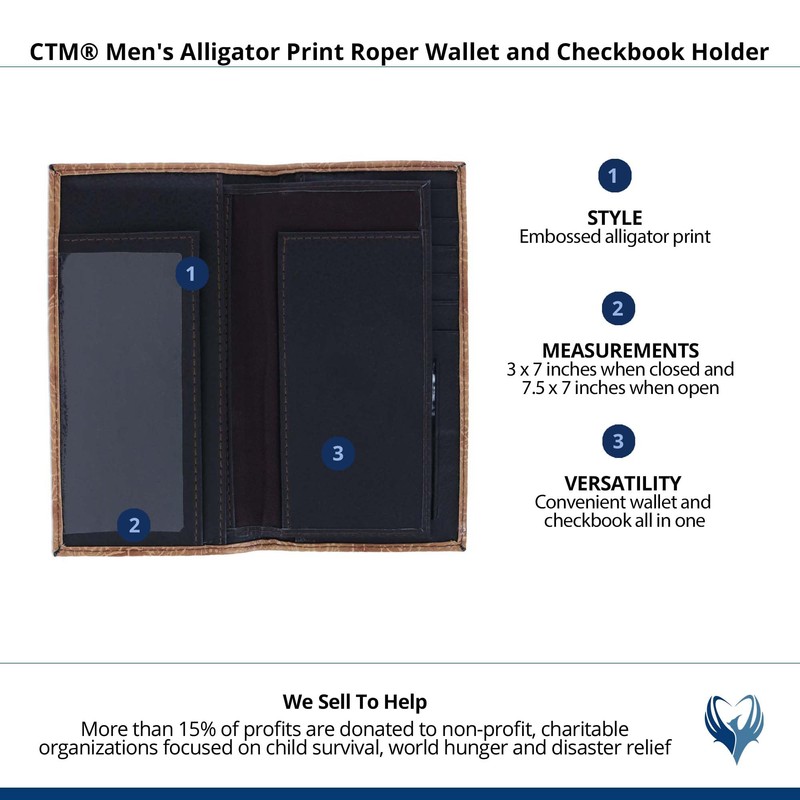 CTM Men's Alligator Print Roper Wallet and Checkbook Holder, Honey,