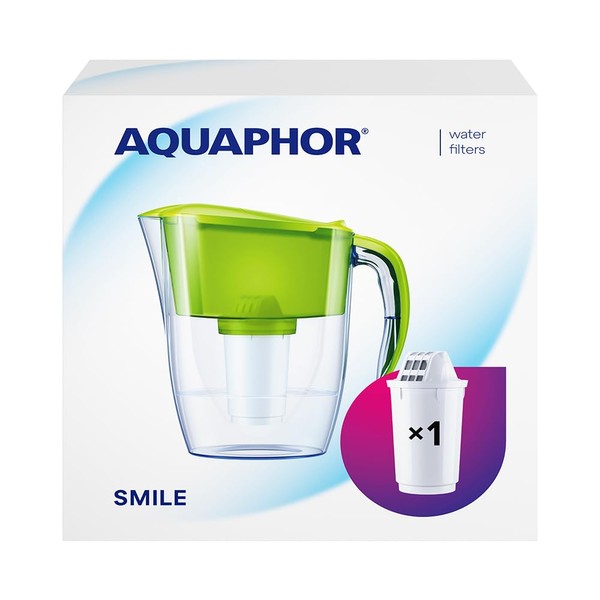 AQUAPHOR Water Filter Jug Smile, Space-saving, Lightweight Fridge door fit 2.9L Capacity 1 X A5 Filter Included with added Magnesium Reduces Limescale Chlorine & Microplastics, Green