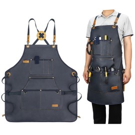 wigmoa Canvas Work Apron for Men【12 Tool Pockets】 Tool Apron, Cross-Back Waterproof Apron with Pockets Gardening Apron HA-G (Blue)