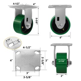 NINOSO 4" Heavy Duty Casters Set of 4, Industrial Casters, Polyurethane Caster Wheel with Load 3200lbs Capacity for Workbench,Tool Box,Dolly, Platform Truck (2 Brake & 2 Rigid)