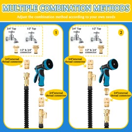 Expandable Hose Tap Connector Kit, Brass Outside Outdoor Tap Connector 3/4 Male Watering Nozzle Adapter & 3/4 Male Female Expanding Garden Hose Quick Connector for Flexible Hosepipe (Expandable kit)