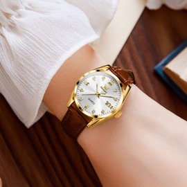 OLEVS Leather Watches for Women Simple Silver Dial Diamond Women Watches with Date Waterproof Analog Quartz Ladies Watch Minimalist Gold Elegant Female Watches, Montre Femme