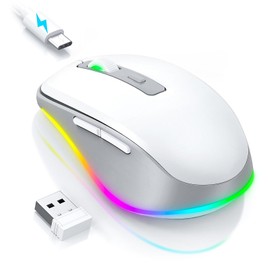 PEIOUS Wireless Mouse Jiggler - LED Wireless Mice with Build-in Mouse Mover, Rechargeable Moving Mouse for Laptop with Undetectable Random Movement Keeps Computers Awake - White & Grey