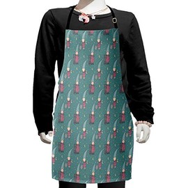 Ambesonne Gnome Apron, with Cat Nighttime Theme in Starry Sky Moon Cartoon Style Illustration, Small Apron Bib with Adjustable Ties for Baking Painting, Small Size, Multicolor