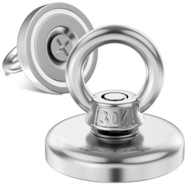 MIN CI 48mm Extra Strong Magnets, Neodymium Magnets Heavy Duty 85kg（187lbs）Round Magnet Fishing, Rare Earth Magnets Large Magnet Industrial Magnet with Eye for Hanging Hoisting, 2 Pack