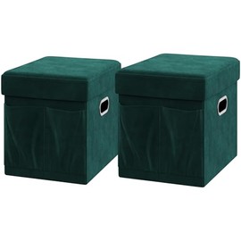 YITAHOME Velvet Storage Ottoman Set, Collapsible Footstools for Living Room, Dorm (Pack of 2, Green)