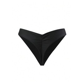 Milumia Women's Bikini Bottom Solid V Cut Waisted Swimwear Thongs Beachwear Thongs Black X-Large